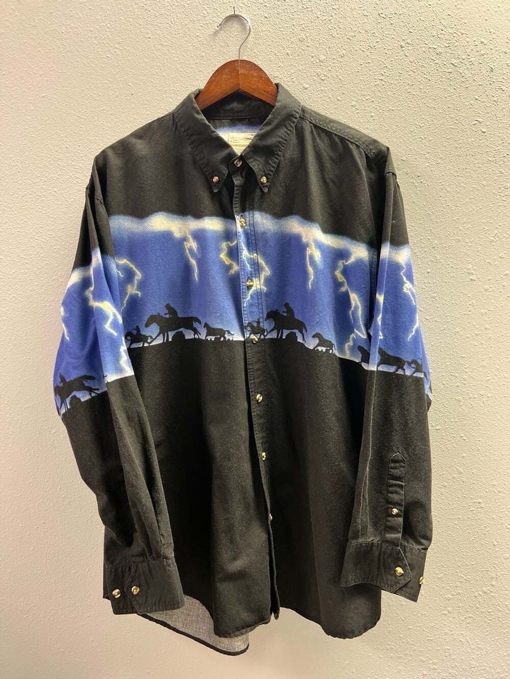 Express Rider Western Black Blue Lightning Horse Print shirt XL 0024